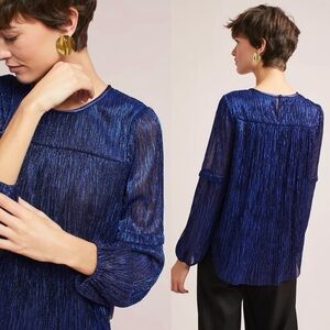 Anthropologie Moulinette Soeurs Blue Sparkly Metallic Long Sleeve Blouse